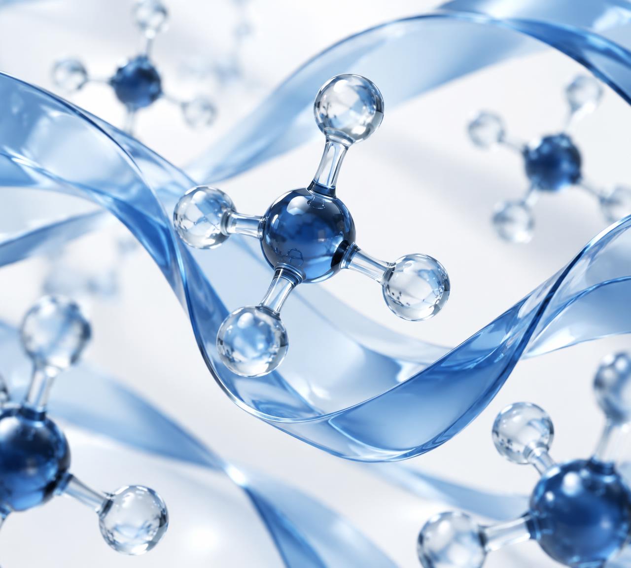Translucent blue ribbons and molecular models
